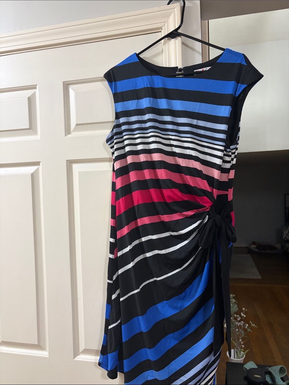 Striped Cap-Sleeve Midi Dress with Side Tie in Blue, Pink & Black